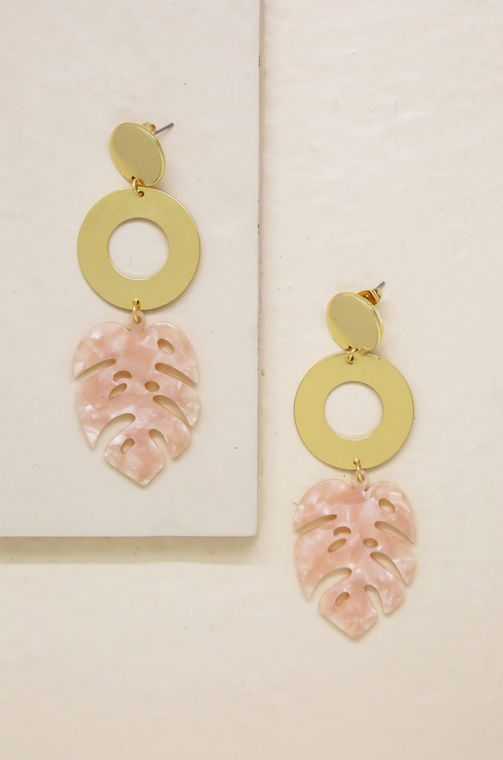 In the Tropics Resin Palm Leaf Earrings in Pink & Gold
